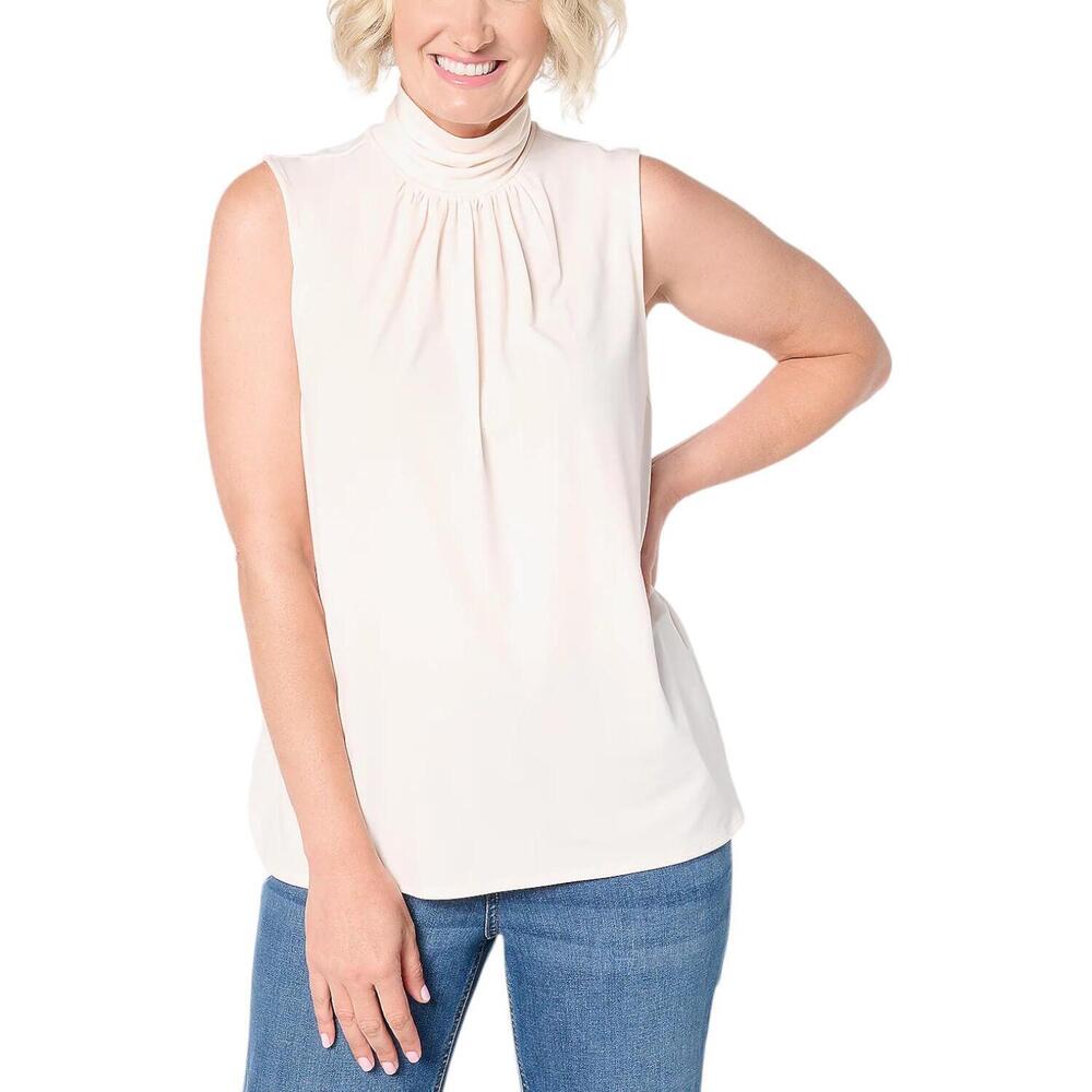 Susan Graver Women's Liquid Slvlss Top w/ Ruched Mock-Neck Sugar Cane - Regular